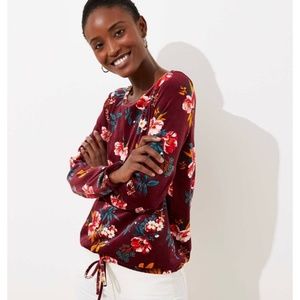 LOFT Velour Top Maroon Floral w/Drawstring Sz. S